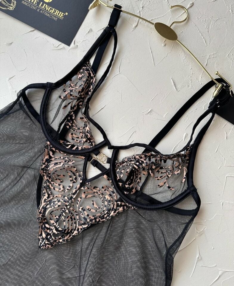 Intive Siyah Transparan Tasarım Üstün Kalite Balenli Önü Leopar Desenli Tül Gecelik G-String Takım Siyah - L
