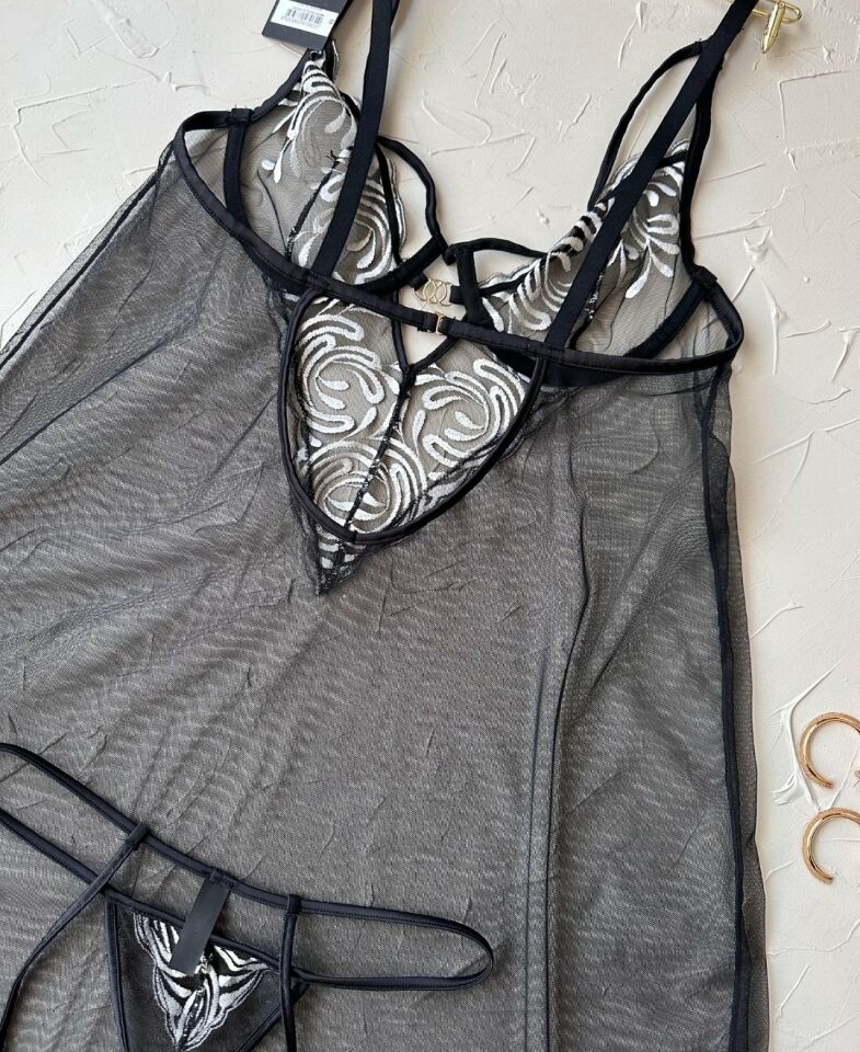 Intive Siyah Transparan Tasarım Üstün Kalite Balenli Önü Leopar Desenli Tül Gecelik G-String Takım Siyah - L
