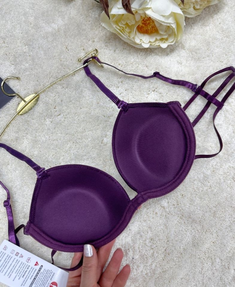 Le Jardin Valeria Biyeli Taşlı Mikro Push-up Arkası İp Detaylı Sütyen - 7007 Mürdüm - 80B