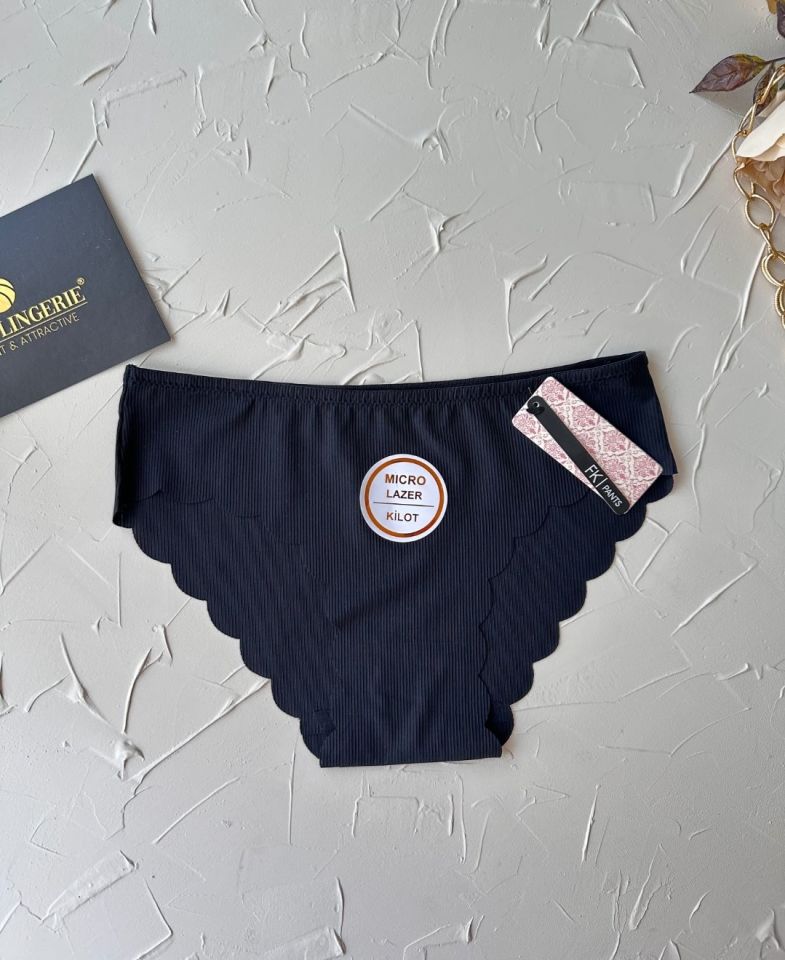 Mikro Lazer Kaşkorse Fitilli Kumaş Normal Bel Dikişsiz Slip/Külot Siyah - L