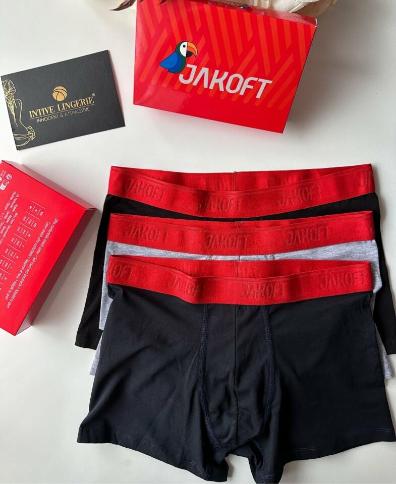 Jakoft Ultra Rahat Esnek %95 Pamuklu Üçlü Kutulu Erkek Boxer Kırmızı - L