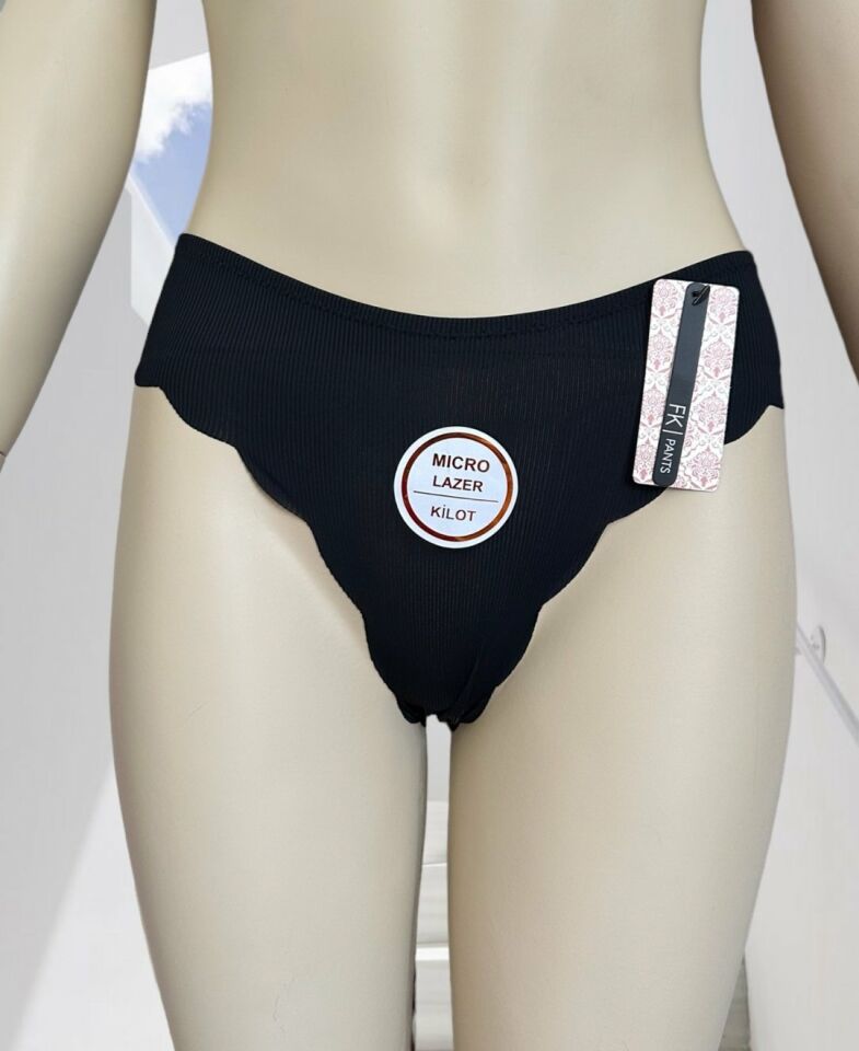 Mikro Lazer Kaşkorse Fitilli Kumaş Normal Bel Dikişsiz Slip/Külot Siyah - M