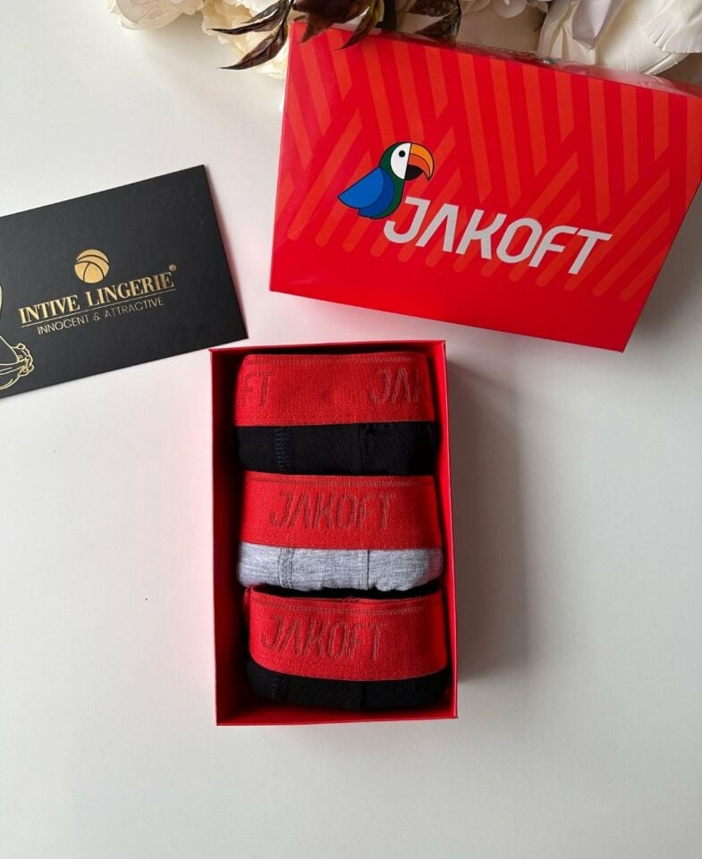 Jakoft Ultra Rahat Esnek %95 Pamuklu Üçlü Kutulu Erkek Boxer Kırmızı - M