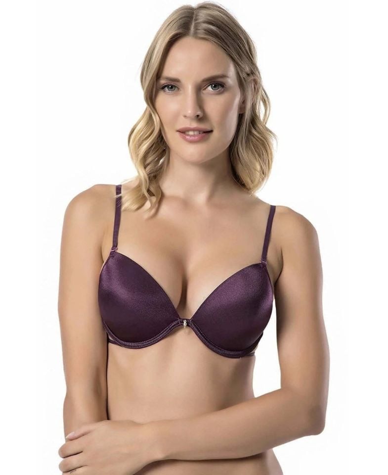 Le Jardin Valeria Biyeli Taşlı Mikro Push-up Arkası İp Detaylı Sütyen - 7007 Mürdüm - 90B