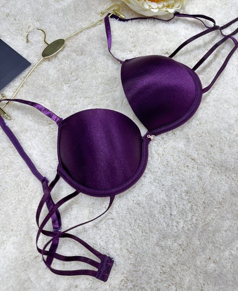 Le Jardin Valeria Biyeli Taşlı Mikro Push-up Arkası İp Detaylı Sütyen - 7007 Mürdüm - 90B
