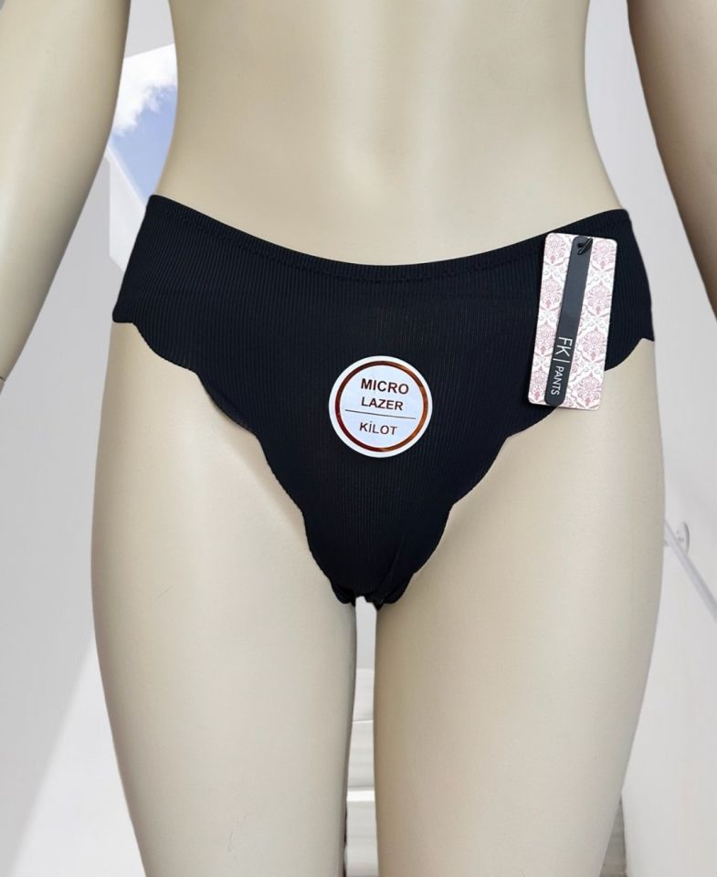 Mikro Lazer Kaşkorse Fitilli Kumaş Normal Bel Dikişsiz Slip/Külot Siyah - XL
