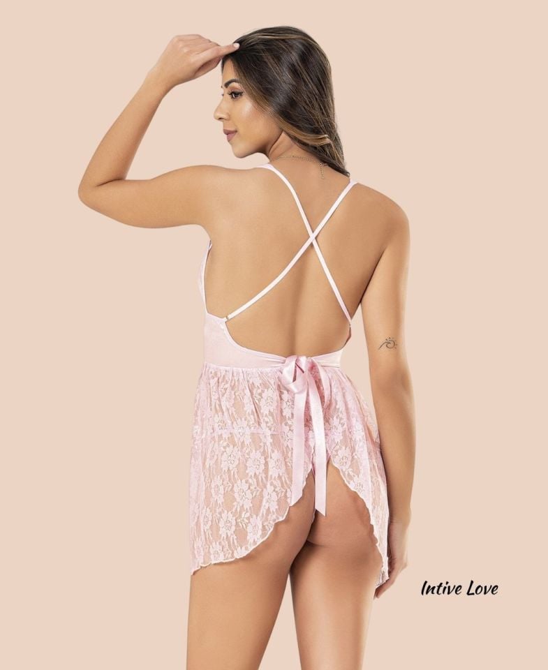 Moongirl Derin V Dekolteli Tamamı Dantel Arkası Açık Çekici Gecelik/Babydoll (Saks, Pembe) Pudra  - L