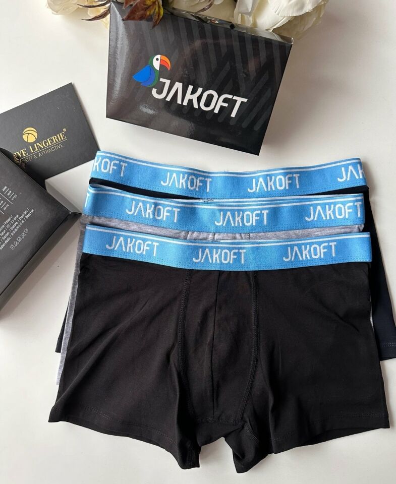 Jakoft Ultra Rahat Esnek %95 Pamuklu Üçlü Kutulu Erkek Boxer Mavi - L