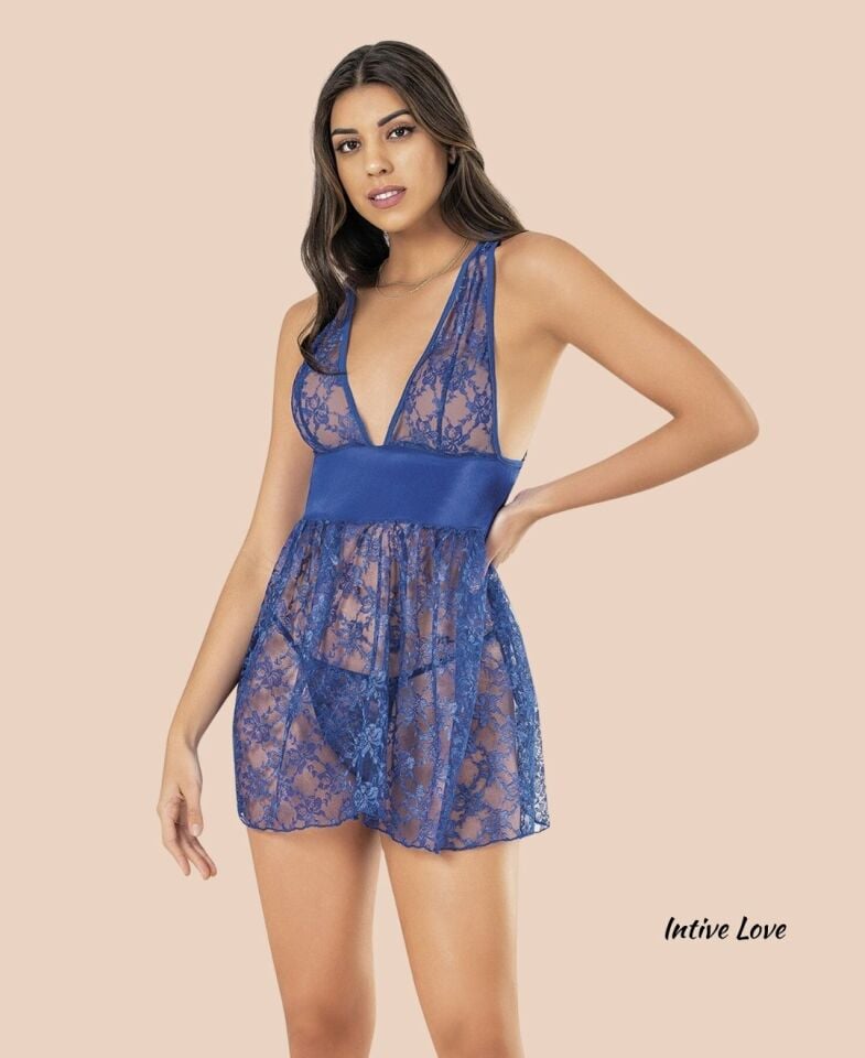 Moongirl Derin V Dekolteli Tamamı Dantel Arkası Açık Çekici Gecelik/Babydoll (Saks, Pembe) SAKS - M