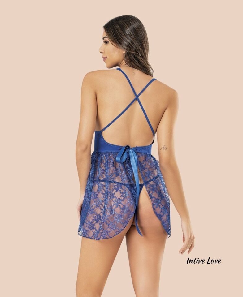 Moongirl Derin V Dekolteli Tamamı Dantel Arkası Açık Çekici Gecelik/Babydoll (Saks, Pembe) SAKS - L