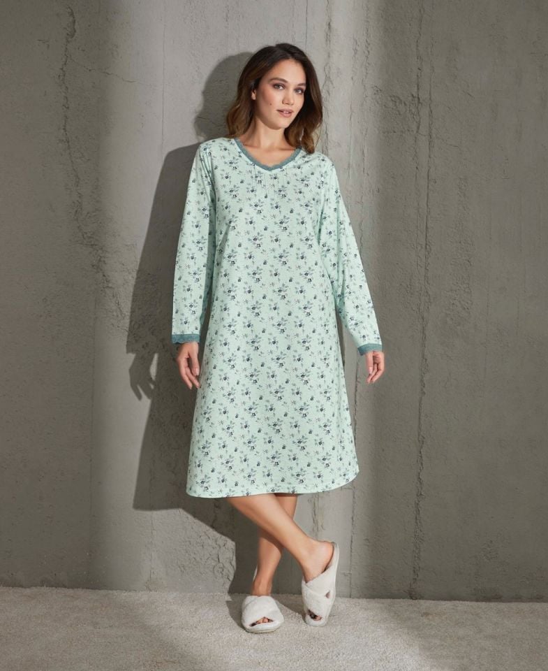 Aydoğan Çiçek Desenli Midi Boy Rahat Kalıp Robalı/Nevruklu Gecelik- M-2XL Pudra  - XL