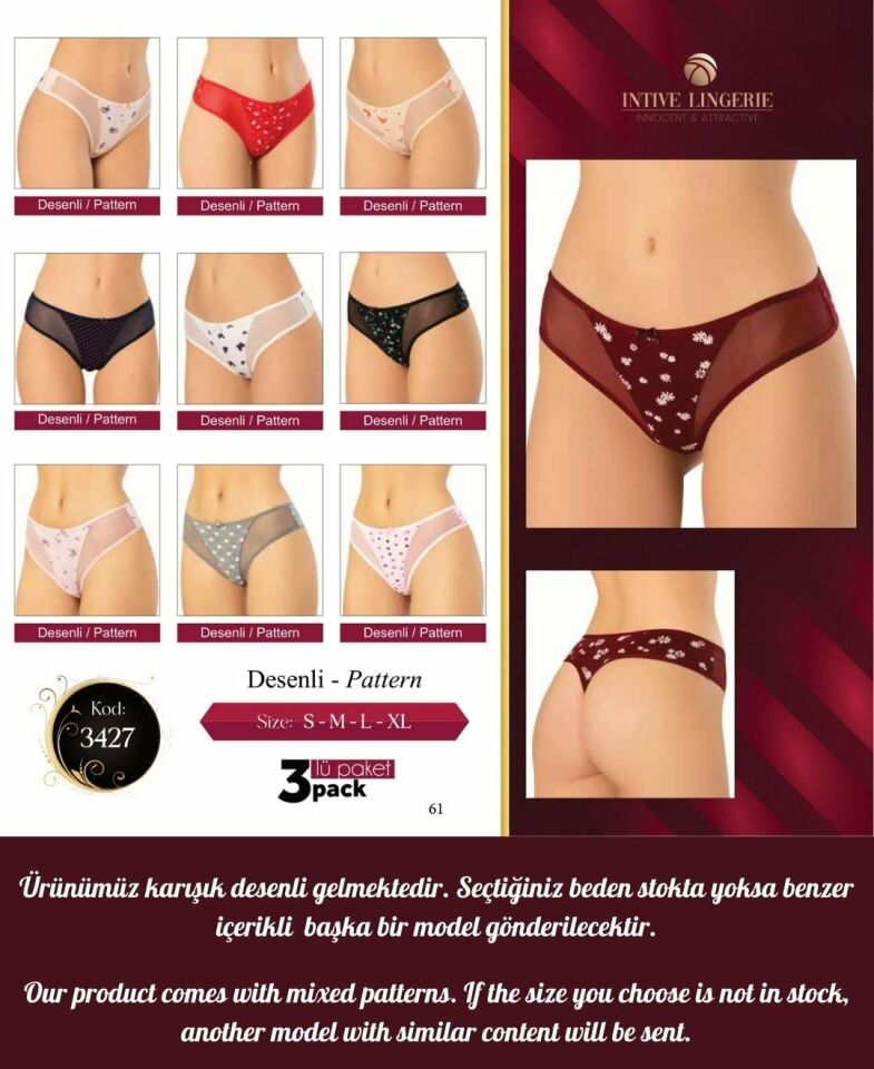 Intive Desenli Yanları Transparan Pamuklu 3'lü Günlük Kullanım Tanga Çok Renkli - L