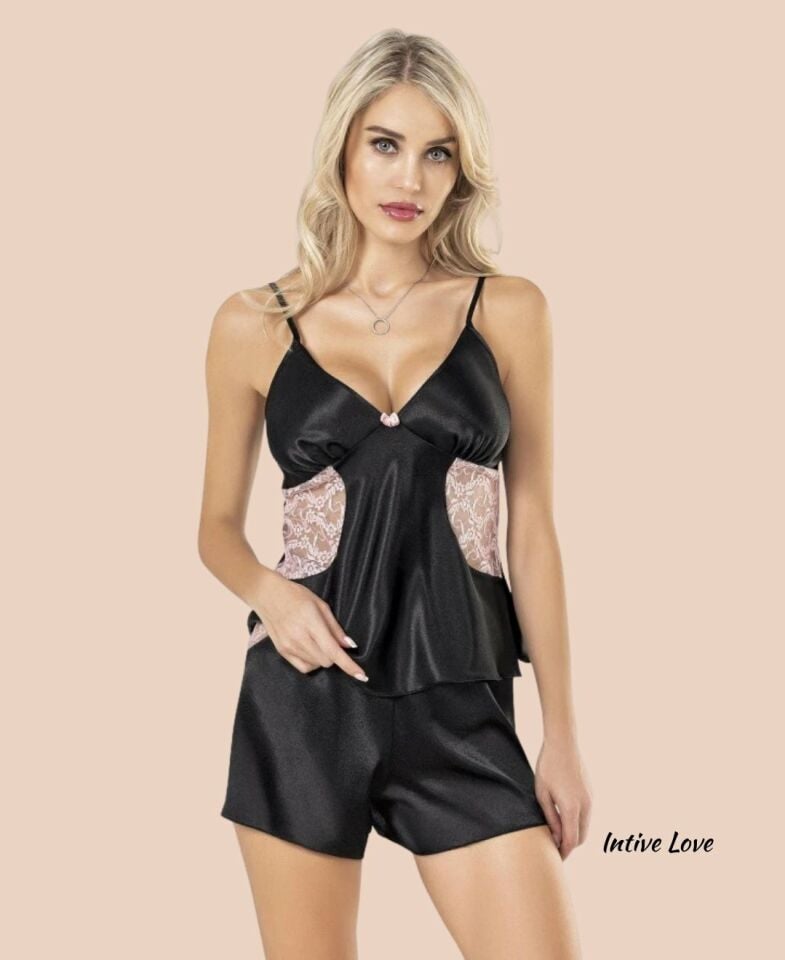 Moongirl Siyah/Pudra Saten Dantel Detaylı V Yaka Askılı Büstiyerli Mini Şortlu Pijama Takımı Siyah - XL