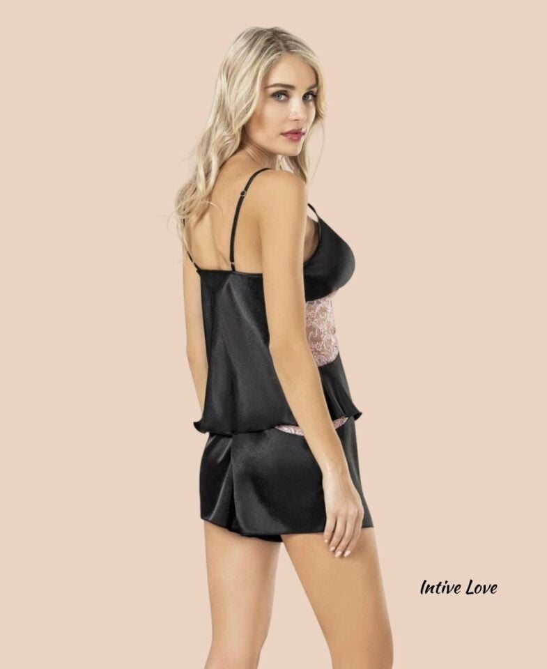 Moongirl Siyah/Pudra Saten Dantel Detaylı V Yaka Askılı Büstiyerli Mini Şortlu Pijama Takımı Siyah - XL