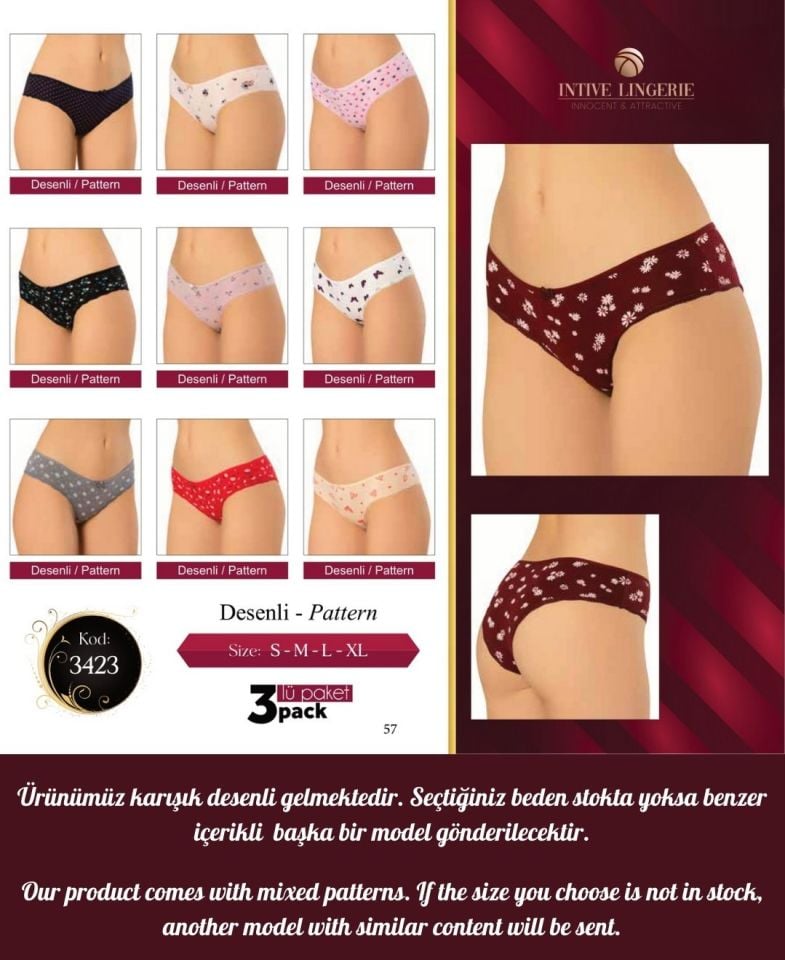 Intive Çiçek ve Kalp Desenli Pamuklu 3'lü Günlük Kullanım Tanga Çok Renkli - M