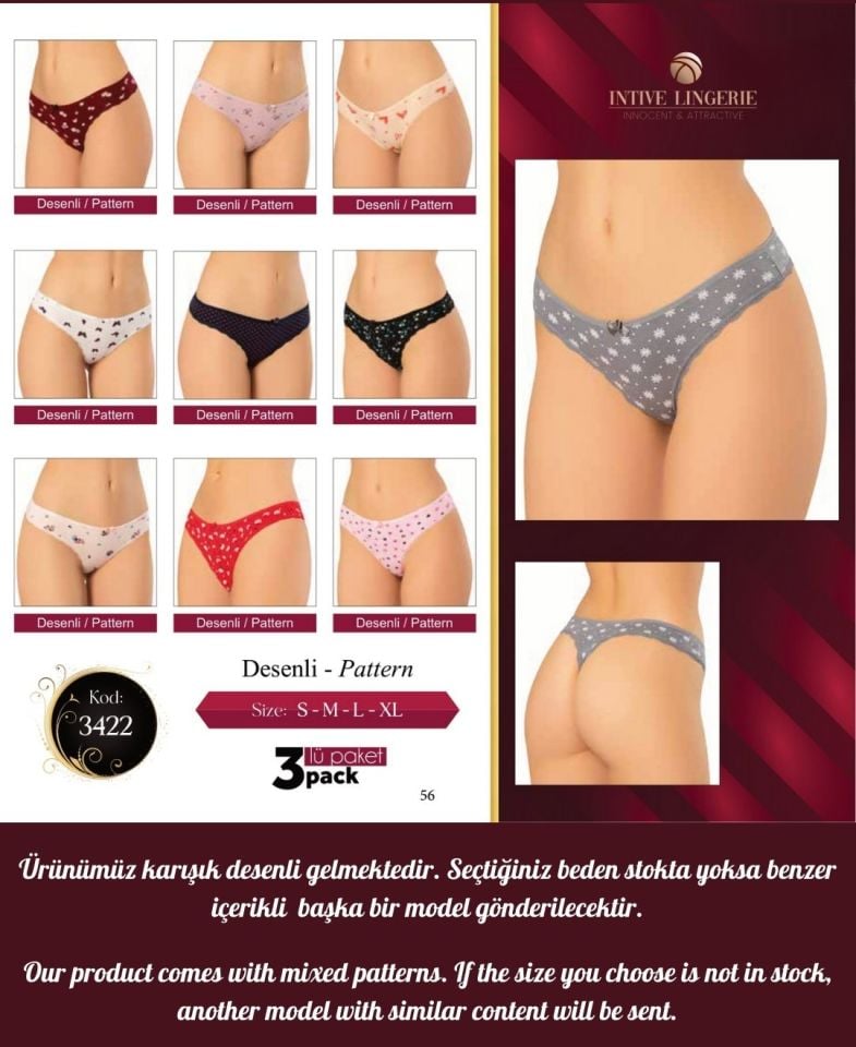 Intive Çiçek ve Kalp Desenli Pamuklu 3'lü Günlük Kullanım Tanga Çok Renkli - M