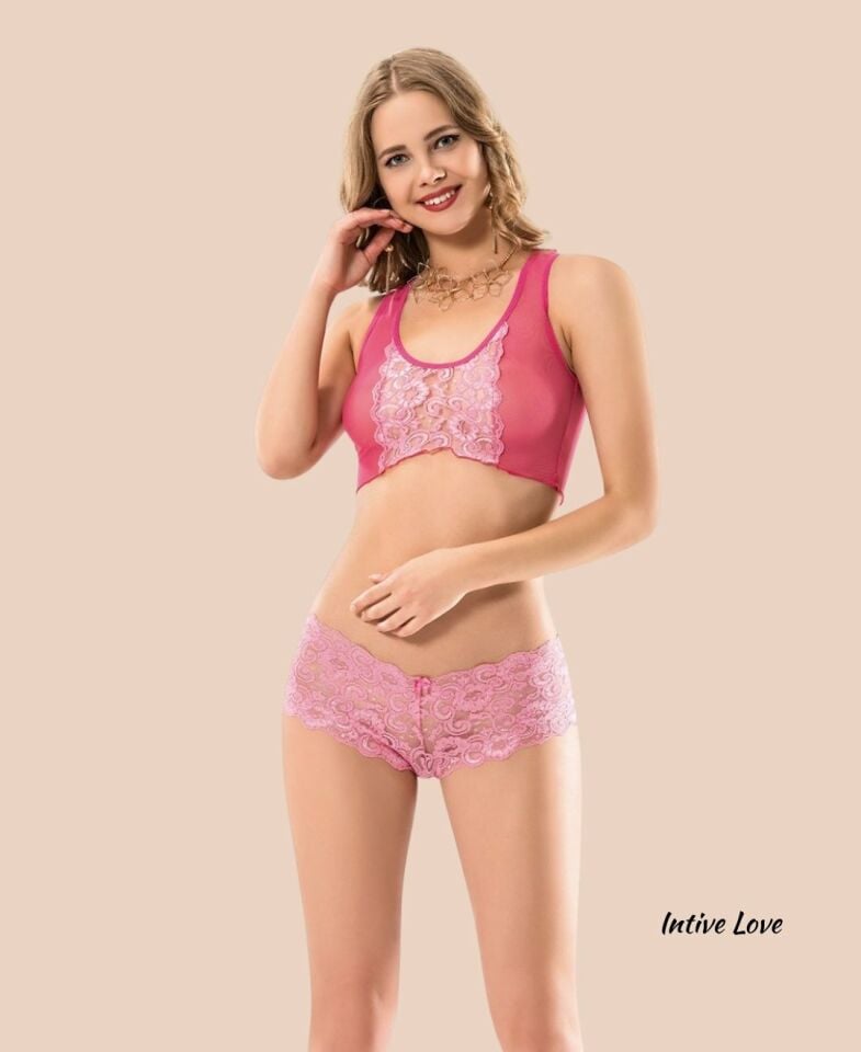 Intive Pembe Transparan Dantelli Brazilian Kesim Tanga ve Büstiyer Çekici Takım Pembe - XL
