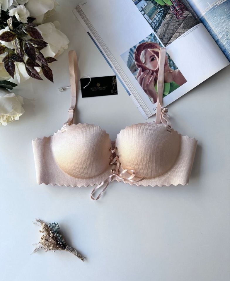 Lady Lazer Kesim Önden Bağlamalı İthal Push-up Maximizer Sütyen Pudra  - 85B