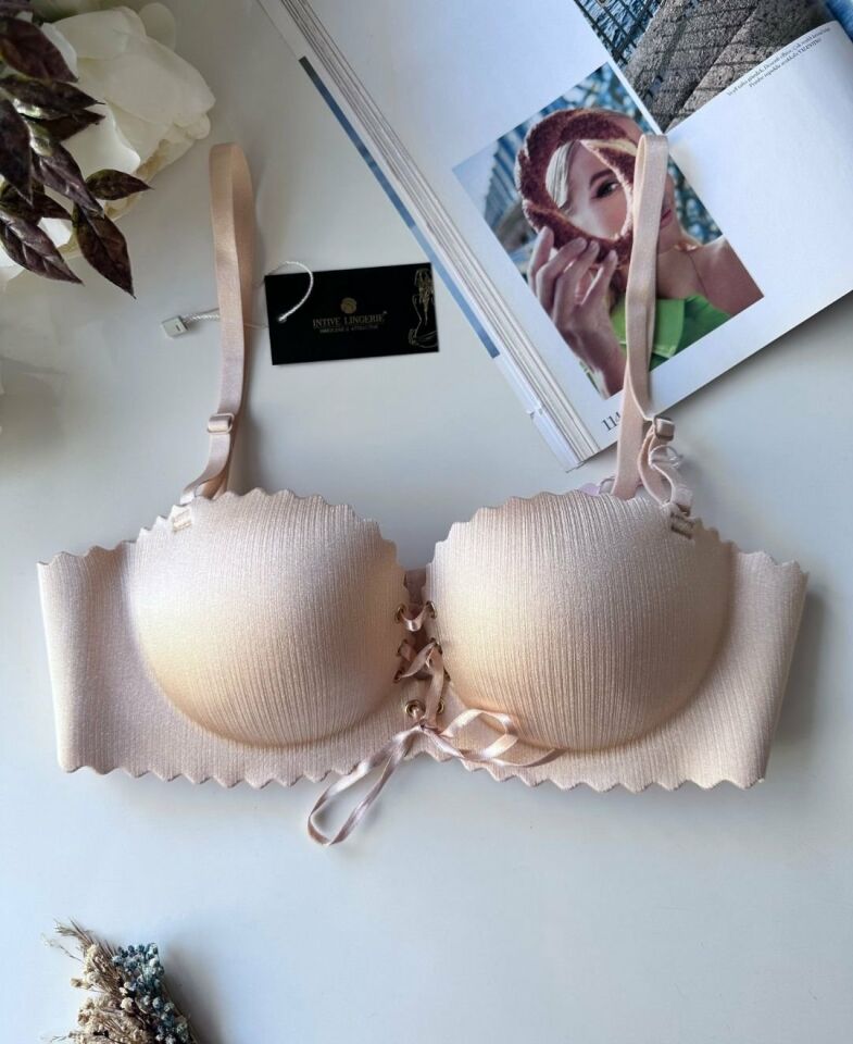 Lady Lazer Kesim Önden Bağlamalı İthal Push-up Maximizer Sütyen Pudra  - 85B
