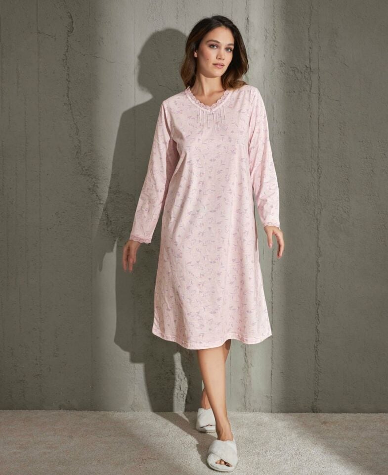 Aydoğan Çiçek Desenli Midi Boy Rahat Kalıp Robalı/Nevruklu Gecelik- M-2XL Pudra  - XL