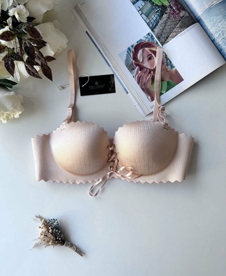Lady Lazer Kesim Önden Bağlamalı İthal Push-up Maximizer Sütyen Pudra  - 90B