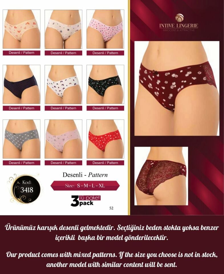 Intive Çiçek ve Kalp Desenli Arkası Dantel Pamuklu 3'lü Günlük Kullanım Tanga Çok Renkli - XL