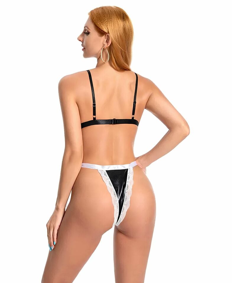Kadın Siyah Beyaz Parlak Kumaşlı Yandan Bağlamalı Tanga Büstiyer Siyah - L/XL