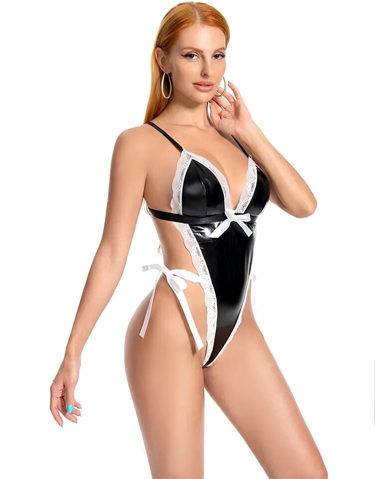 Kadın Siyah Beyaz Parlak Kumaşlı Yandan Bağlamalı Tanga Büstiyer Siyah - L/XL