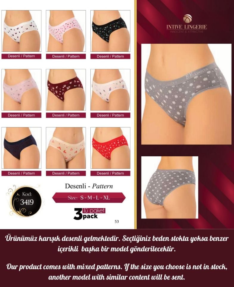 Intive Çiçek ve Kalp Desenli Pamuklu Beli Lastikli 3'lü Günlük Kullanım Külot Çok Renkli - M