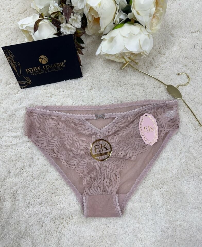 Fk Lingerie Taşlı Transparan Tül Önü Dantelli Önü Cut-Out Külot Bej - S/M