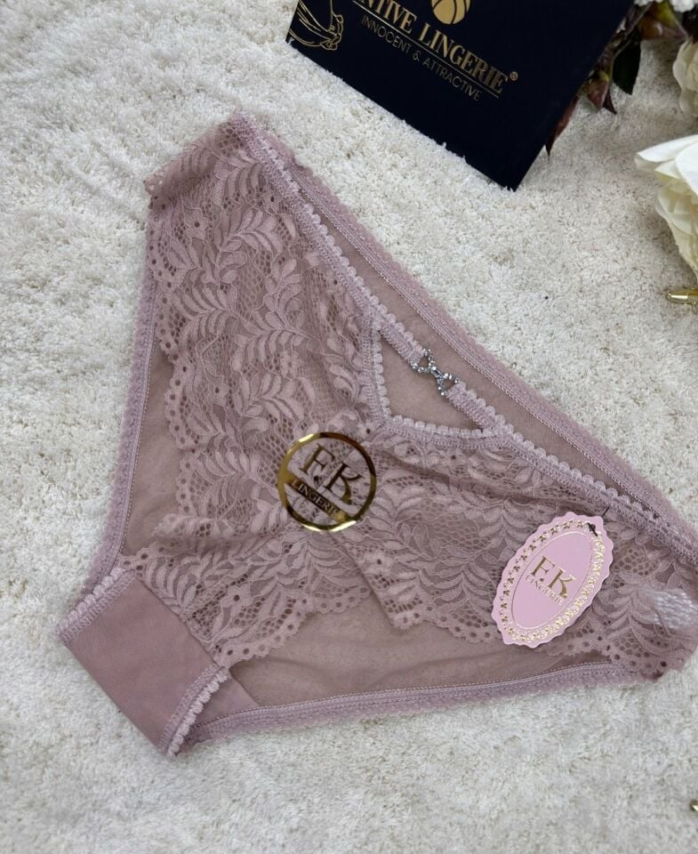 Fk Lingerie Taşlı Transparan Tül Önü Dantelli Önü Cut-Out Külot Bej - S/M
