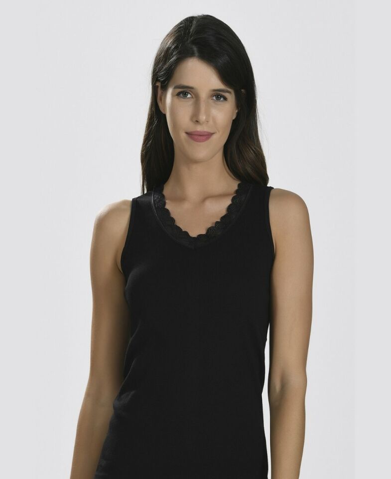 NBB Yakası Dantelli V Yaka %100 Pamuk Ribana Atlet -678 Siyah - XL