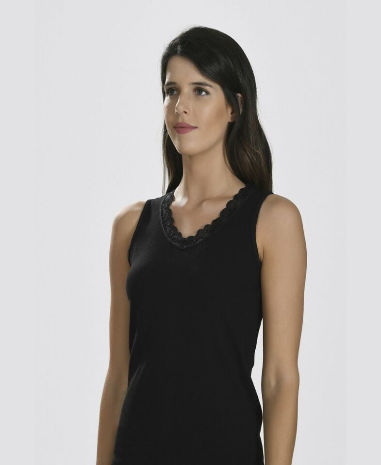 NBB Yakası Dantelli V Yaka %100 Pamuk Ribana Atlet -678 Siyah - XL