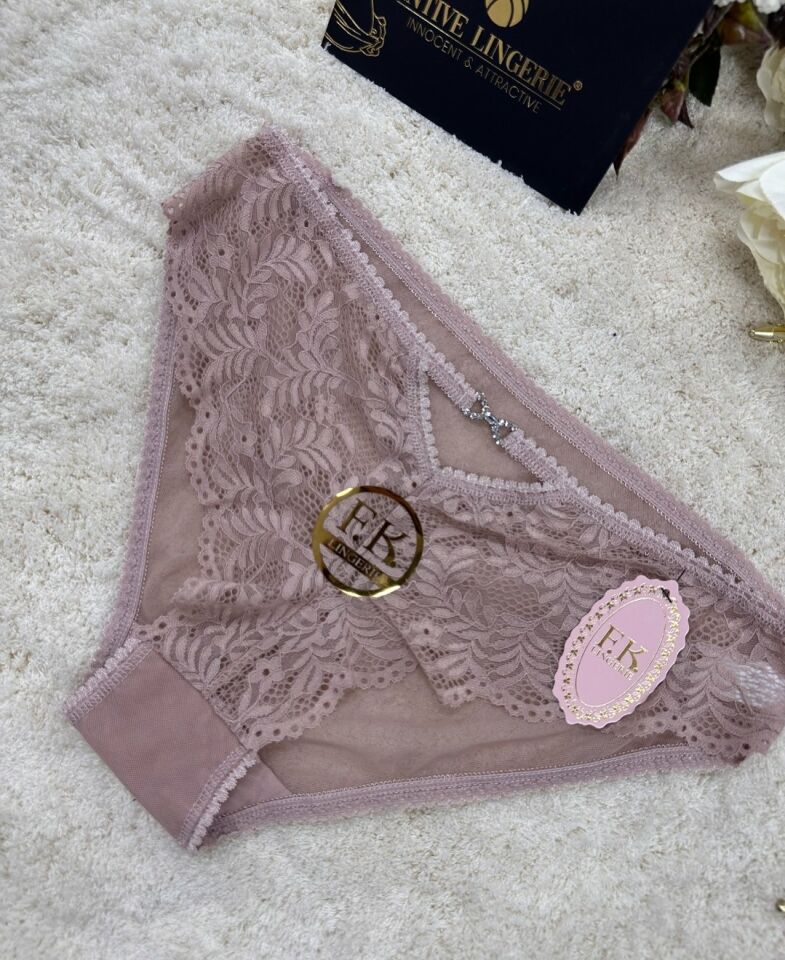 Fk Lingerie Taşlı Transparan Tül Önü Dantelli Önü Cut-Out Külot Bej - L/XL
