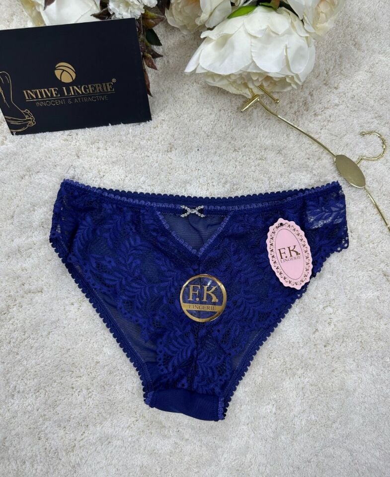 Fk Lingerie Taşlı Transparan Tül Önü Dantelli Önü Cut-Out Külot Lacivert - L/XL