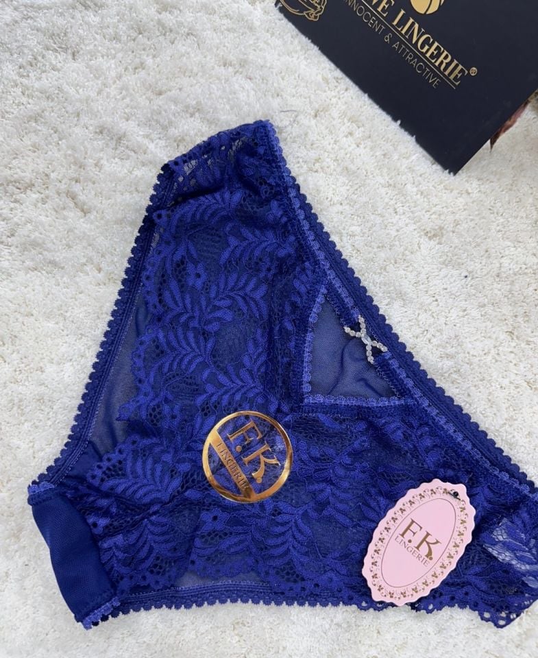 Fk Lingerie Taşlı Transparan Tül Önü Dantelli Önü Cut-Out Külot Lacivert - L/XL