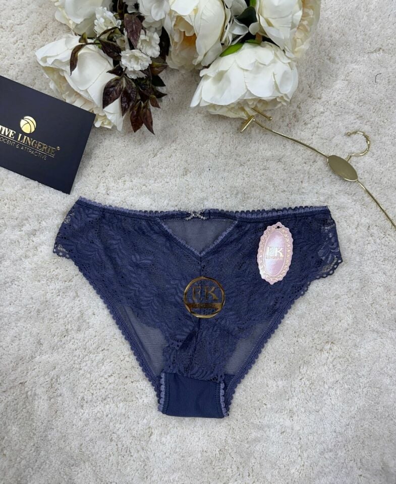 Fk Lingerie Taşlı Transparan Tül Önü Dantelli Önü Cut-Out Külot Mavi - S/M
