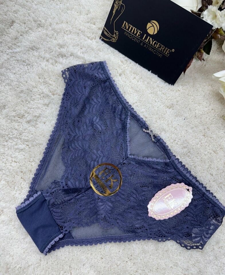 Fk Lingerie Taşlı Transparan Tül Önü Dantelli Önü Cut-Out Külot Mavi - S/M