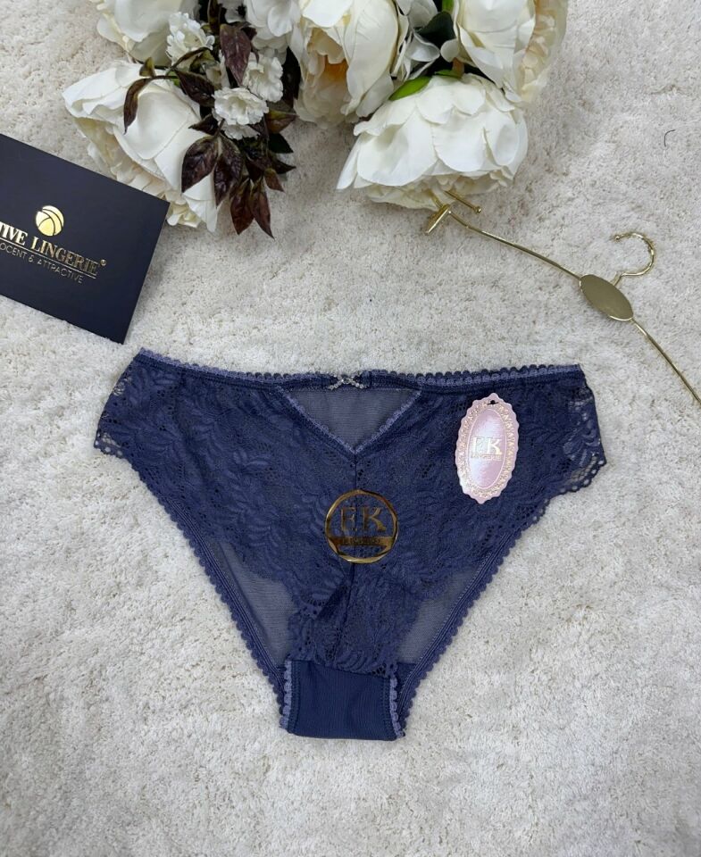 Fk Lingerie Taşlı Transparan Tül Önü Dantelli Önü Cut-Out Külot Mavi - L/XL