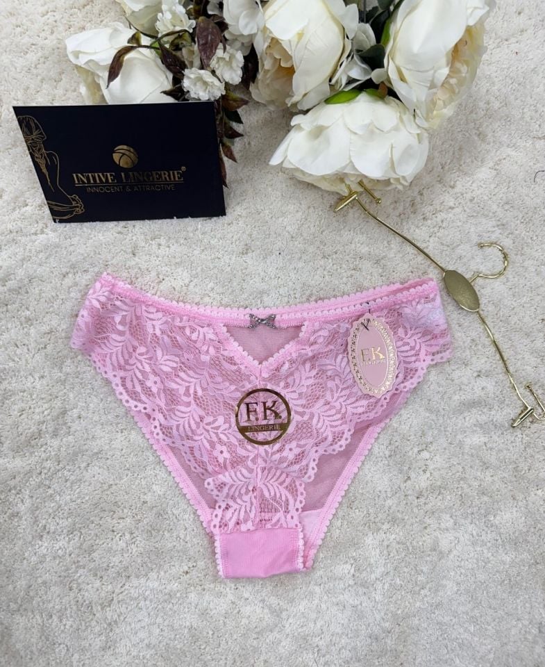 Fk Lingerie Taşlı Transparan Tül Önü Dantelli Önü Cut-Out Külot Pembe - S/M