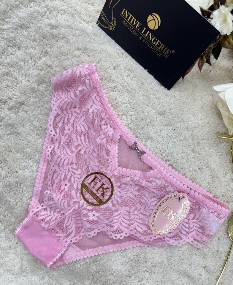 Fk Lingerie Taşlı Transparan Tül Önü Dantelli Önü Cut-Out Külot Pembe - L/XL