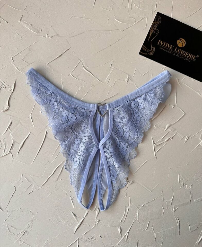Lisa Dantelli Özel Bölgesi Açık Arkası Tül ve Açık Fantezi String (Limited) Mavi - Tek Ebat