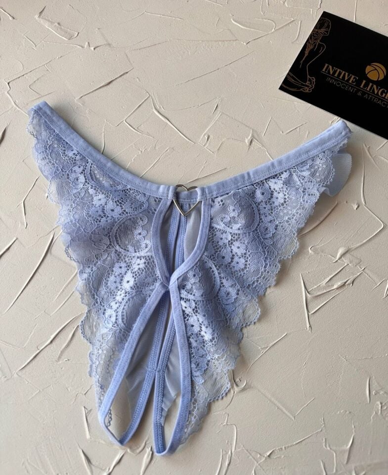 Lisa Dantelli Özel Bölgesi Açık Arkası Tül ve Açık Fantezi String (Limited) Mavi - Tek Ebat