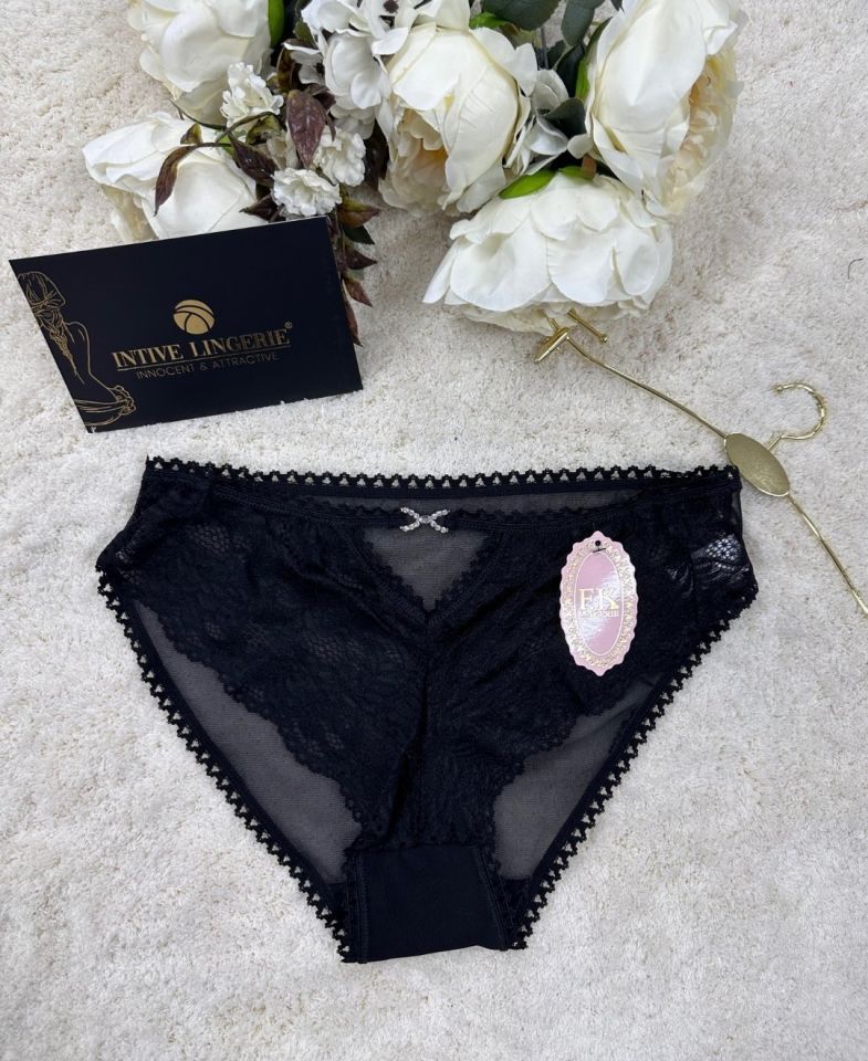 Fk Lingerie Taşlı Transparan Tül Önü Dantelli Önü Cut-Out Külot Siyah - S/M