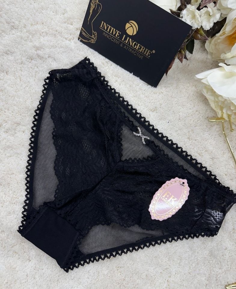 Fk Lingerie Taşlı Transparan Tül Önü Dantelli Önü Cut-Out Külot Siyah - S/M