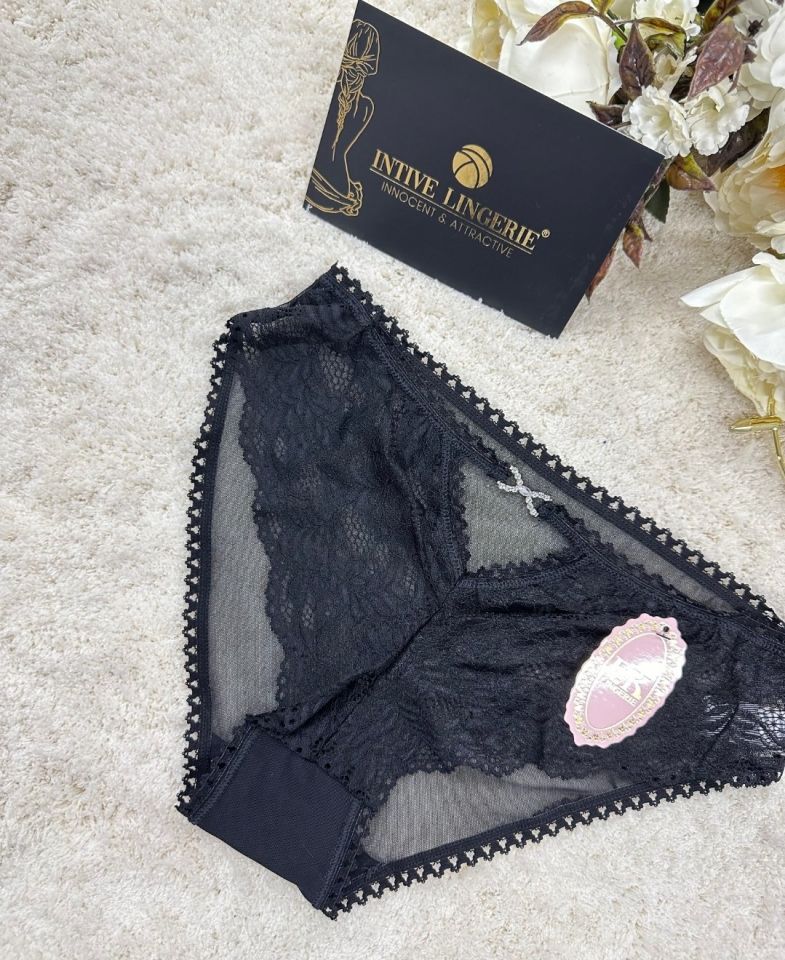 Fk Lingerie Taşlı Transparan Tül Önü Dantelli Önü Cut-Out Külot Siyah - S/M