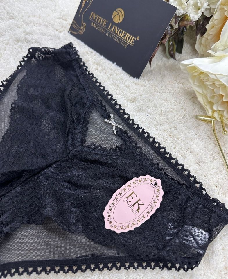 Fk Lingerie Taşlı Transparan Tül Önü Dantelli Önü Cut-Out Külot Siyah - S/M
