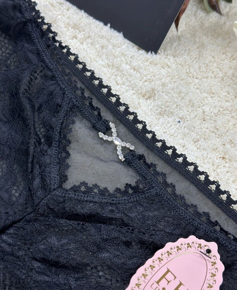 Fk Lingerie Taşlı Transparan Tül Önü Dantelli Önü Cut-Out Külot Siyah - S/M