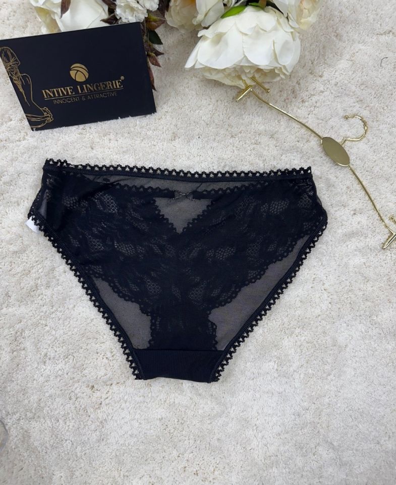Fk Lingerie Taşlı Transparan Tül Önü Dantelli Önü Cut-Out Külot Siyah - S/M