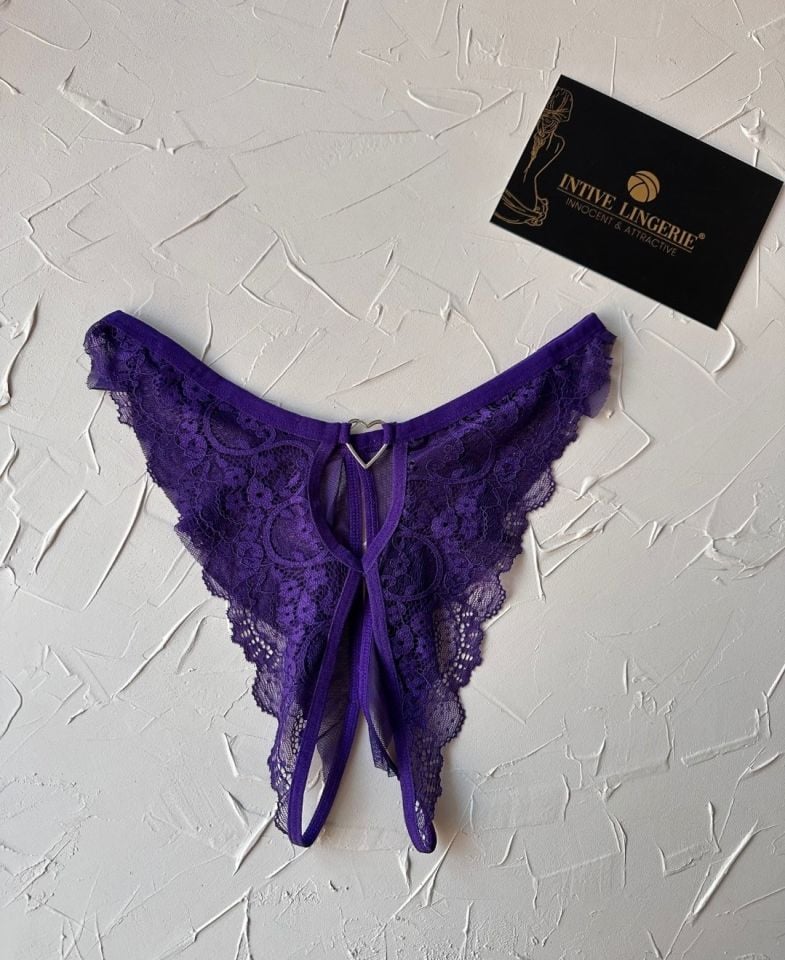 Lisa Dantelli Özel Bölgesi Açık Arkası Tül ve Açık Fantezi String (Limited) Mor - Tek Ebat